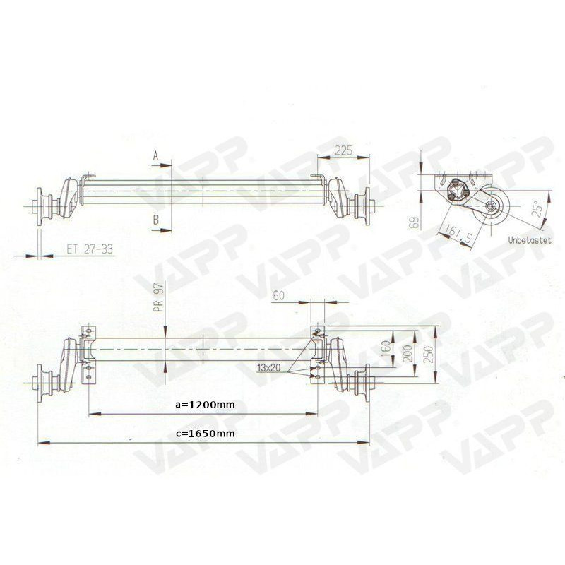 Náprava AL-KO UBR 1200-5 (1300 kg) a 1200 mm, c 1650 mm, 112x5, patky 90