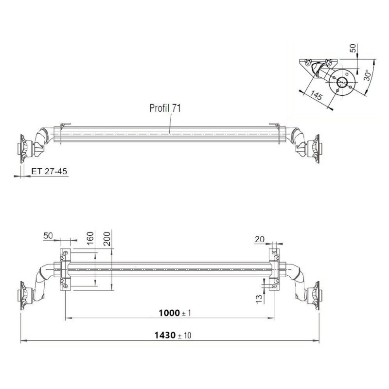 Náprava AL-KO UBR 700-5 (750 kg) a 1000 mm, c 1430 mm, 100x4, patky 50