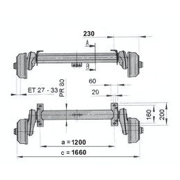 Náprava AL-KO Compact B 850-10 (1000 kg) a 1200 mm, c 1660 mm, 2051, 100x4