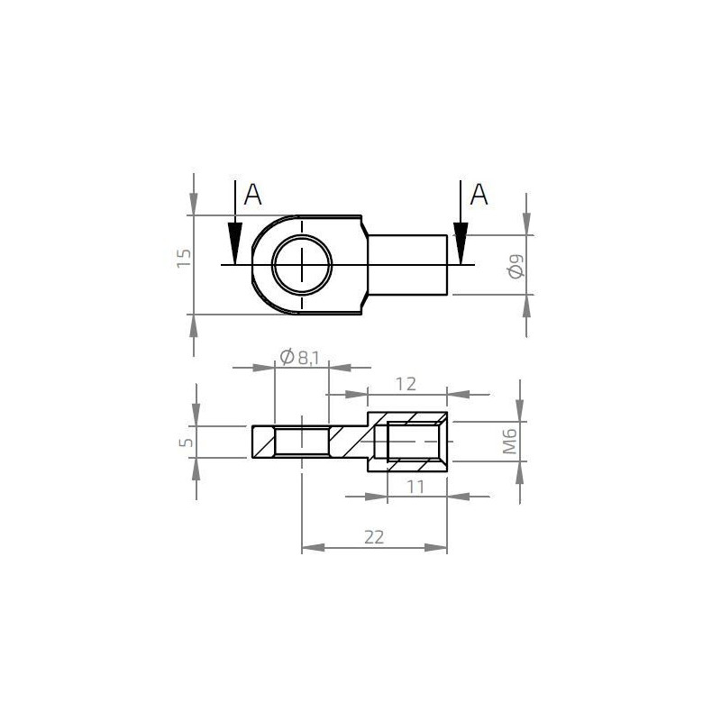 Oko k plynové vzpěře BM, pr. 8,1mm, c 22mm, pro závit M6, ocel