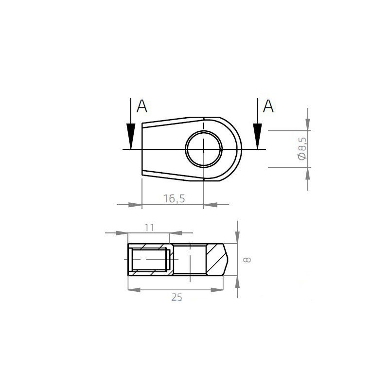 Oko k plynové vzpěře BM, pr. 8,5mm, c 16,5mm, pro závit M6, ocel