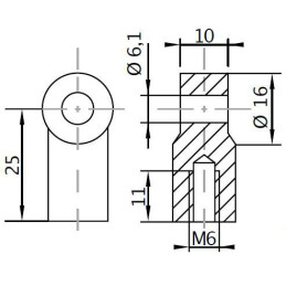 Oko k plynové vzpěře BM, pr. 6,1mm, c 25mm, pro závit M6, plast