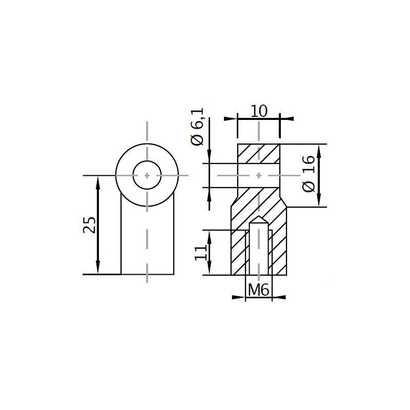 Oko k plynové vzpěře BM, pr. 6,1mm, c 25mm, pro závit M6, plast