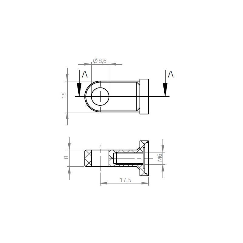 Oko k plynové vzpěře BM, pr. 8,6mm, c 17,5mm, pro závit M6, alu