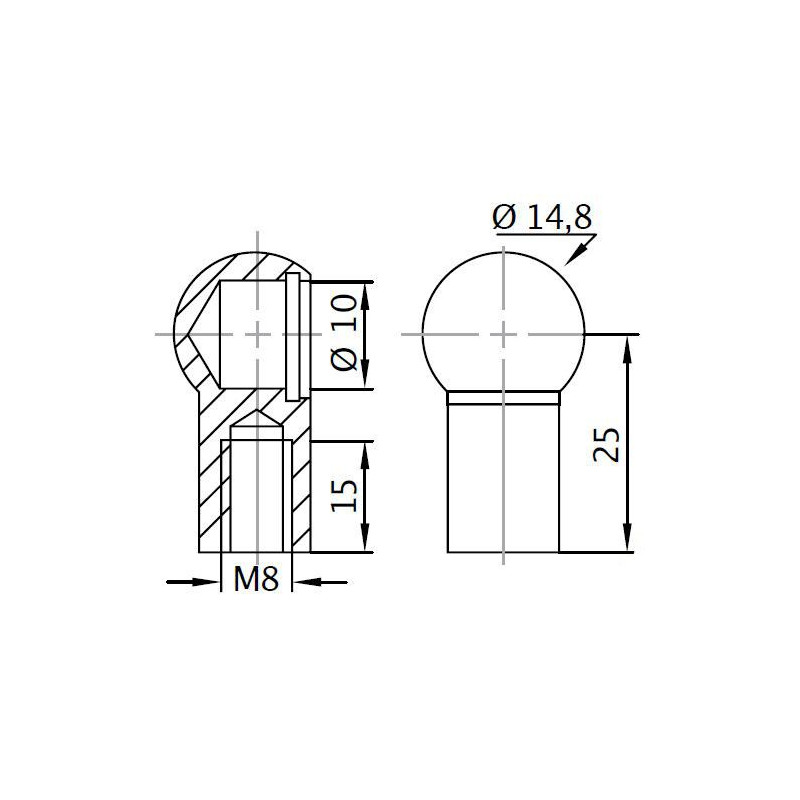 Pouzdro kulového kloubu k plynové vzpěře BM, c 25mm, pro závit M8, ocel