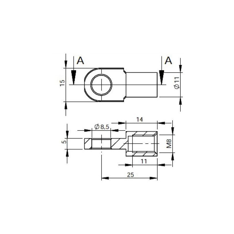 Oko k plynové vzpěře BM, pr. 8,5mm, c 25mm, pro závit M8, plast