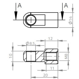Oko k plynové vzpěře BM, pr. 8,5mm, c 20mm, pro závit M8, ocel