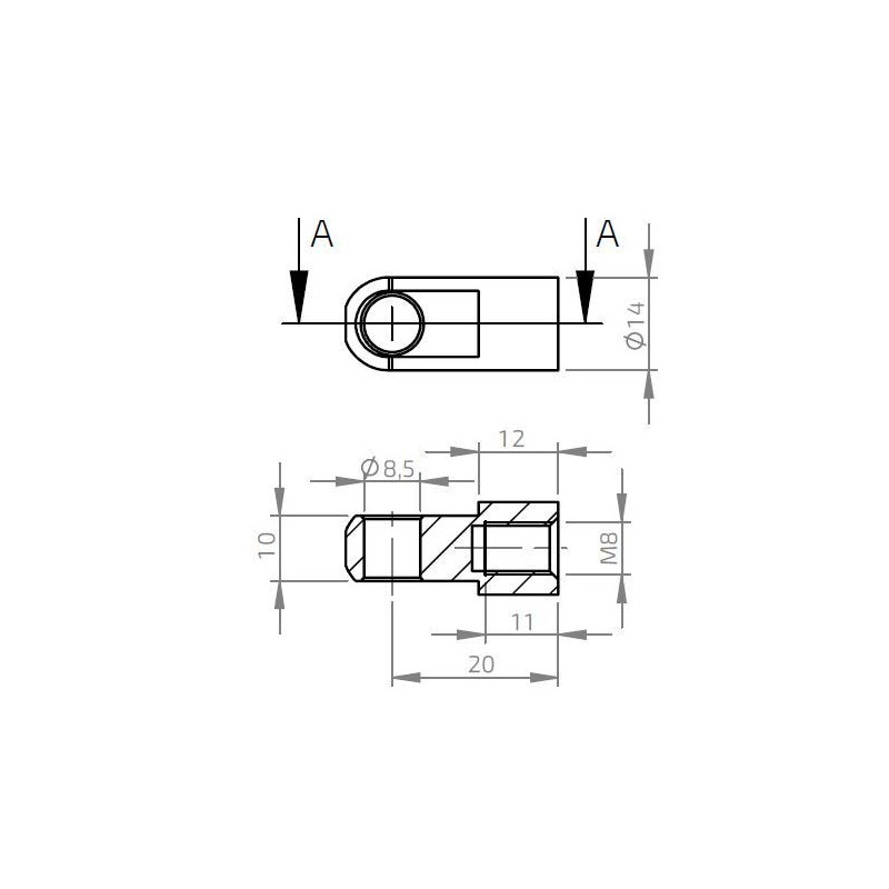 Oko k plynové vzpěře BM, pr. 8,5mm, c 20mm, pro závit M8, ocel