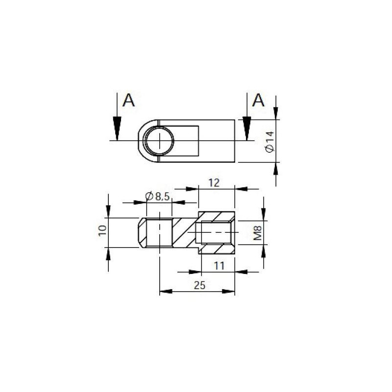 Oko k plynové vzpěře BM, pr. 8,5mm, c 25mm, pro závit M8, ocel