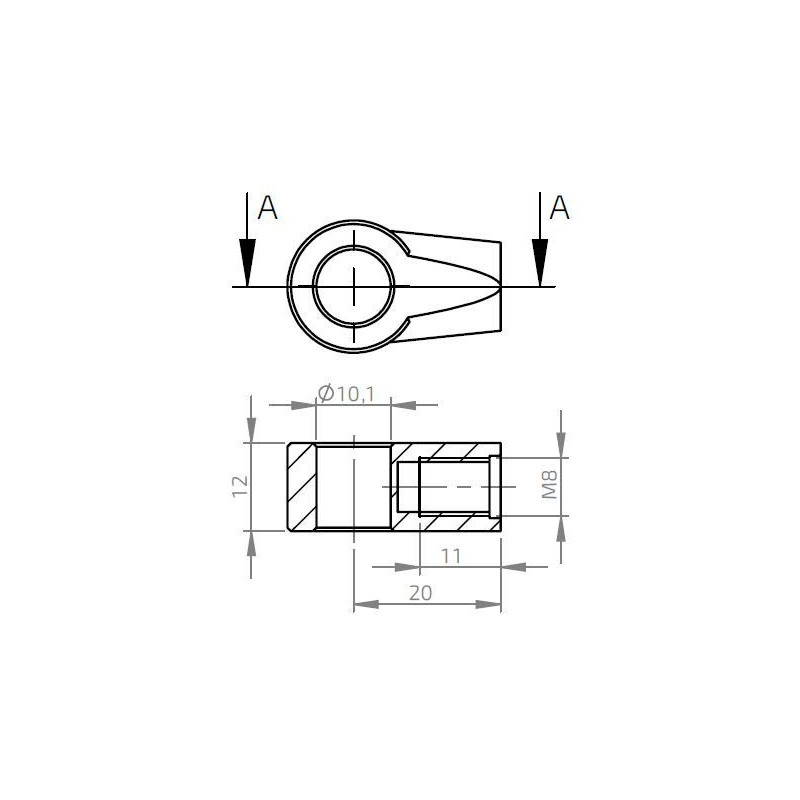 Oko k plynové vzpěře BM, pr. 10,1x12mm, c 20mm, pro závit M8, zamak
