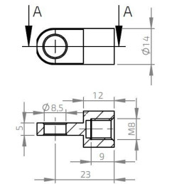Oko k plynové vzpěře BM, pr. 8,5mm, c 23mm, pro závit M8, ocel