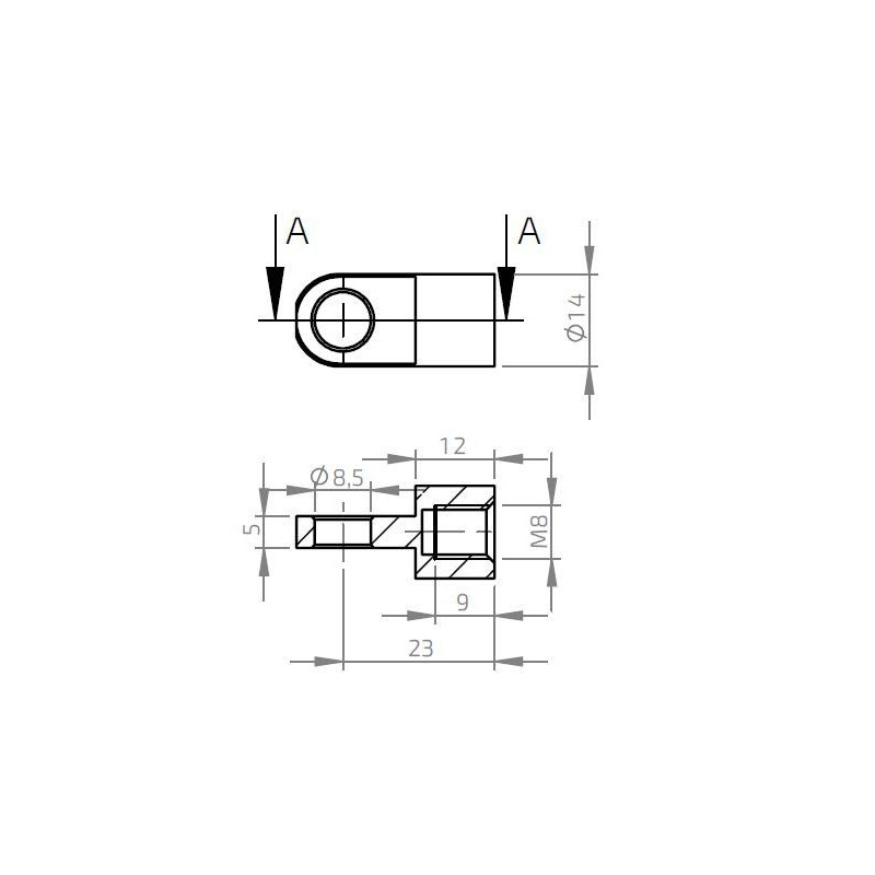 Oko k plynové vzpěře BM, pr. 8,5mm, c 23mm, pro závit M8, ocel