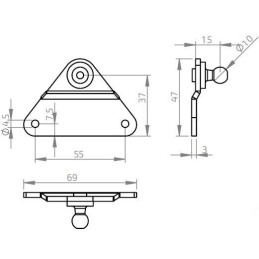 Konzola k plynové vzpěře vyhnutá 55x37mm, kulový čep pr. 10mm, ocel