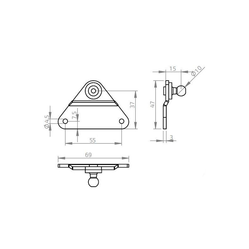 Konzola k plynové vzpěře vyhnutá 55x37mm, kulový čep pr. 10mm, ocel