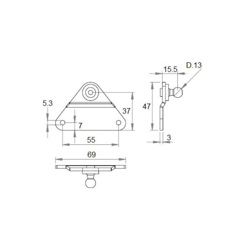 Konzola k plynové vzpěře vyhnutá 55x37mm, kulový čep pr. 13mm