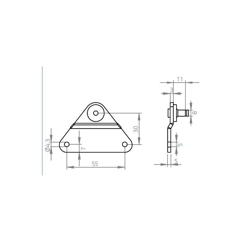 Konzola k plynové vzpěře vyhnutá 55x30mm, válcový čep pr. 8mm, ocel
