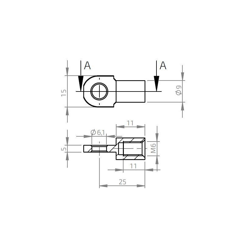 Oko k plynové vzpěře BM, pr. 6,1mm, c 22mm, pro závit M6, ocel