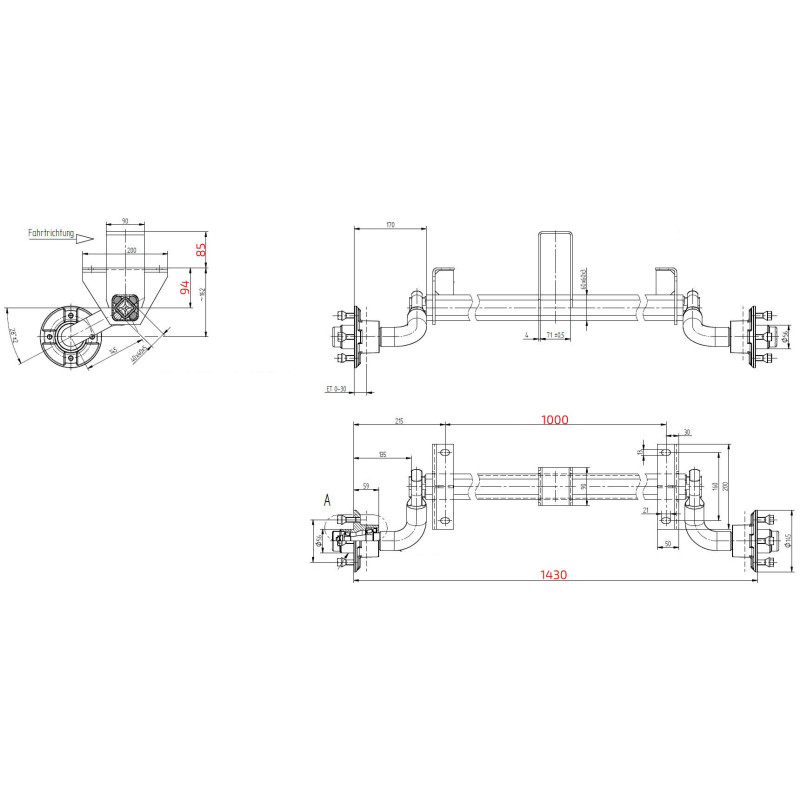 Náprava KNOTT VG 7 (750 kg) b 1000 mm, c 1430 mm, 100x4, stř. opěra (Handy 1,2,3,13,15,20)