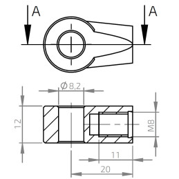 Oko k plynové vzpěře BM, pr. 8,2x12mm, c 20mm, pro závit M8, zamak
