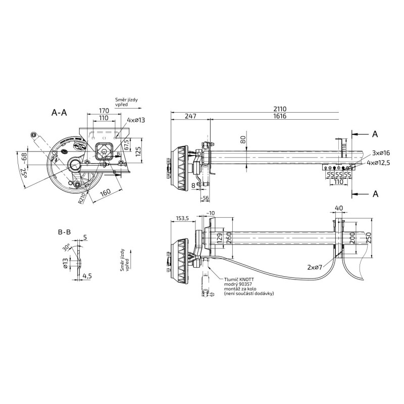 Náprava KNOTT VGB 18 (1800 kg) b 1616 mm, c 2110 mm, 250x40 ANS, 112x5