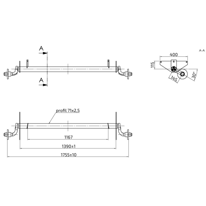 Náprava AL-KO UBR 700-5 (750 kg) a 1390 mm, c 1755 mm, 100x4, patky 115, úchyty oje