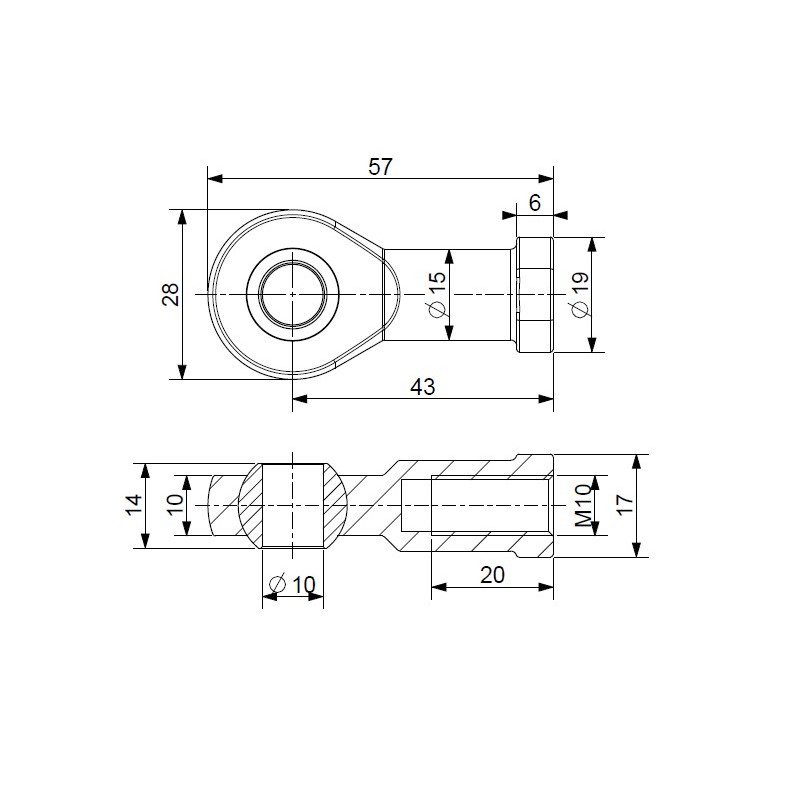Oko k plynové vzpěře BM, pr. 10mm, c 43mm, pro závit M10, ocel