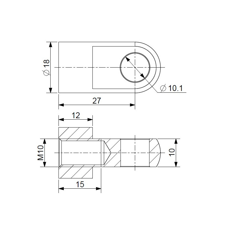Oko k plynové vzpěře BM, pr. 10,1mm, c 27mm, pro závit M10, ocel