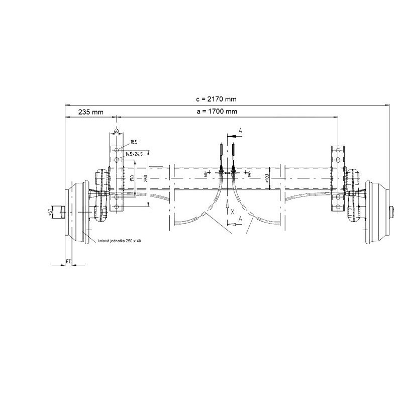 Náprava KNOTT GB 18 (1800 kg) b 1700 mm, 250x40, 112x5, 25°