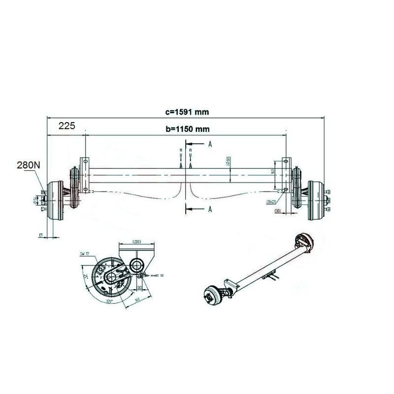 Náprava KNOTT GB 13 (1350 kg) b 1150 mm, c 1591 mm, 200x50, 112x5, Wasser, patky, PV 1.3