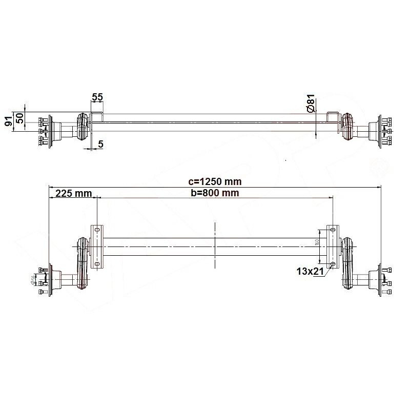 Náprava KNOTT G 13 (1300 kg) b 800 mm, c 1250 mm, 100x4, patky 50