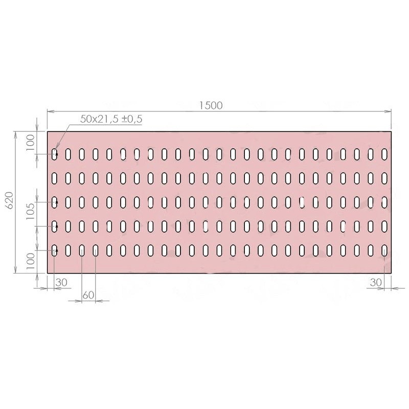 Plech děrovaný 1500 x 620/tl. 3 mm LO (105x60), ocel