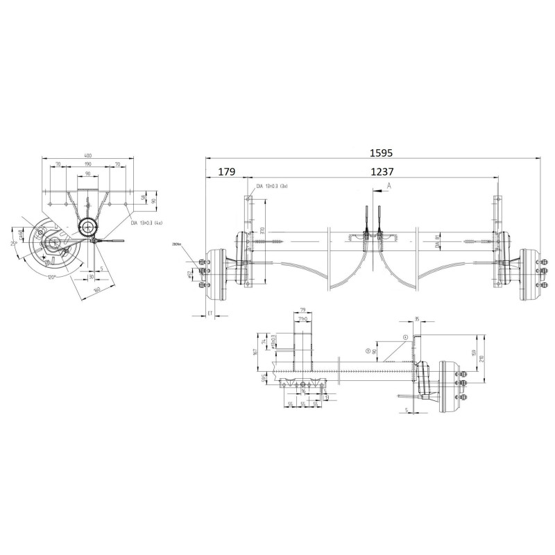 Náprava KNOTT GB 13 (1350 kg) b 1237 mm, c 1595 mm, 200x50, 112x5, patky 159, střed. držák